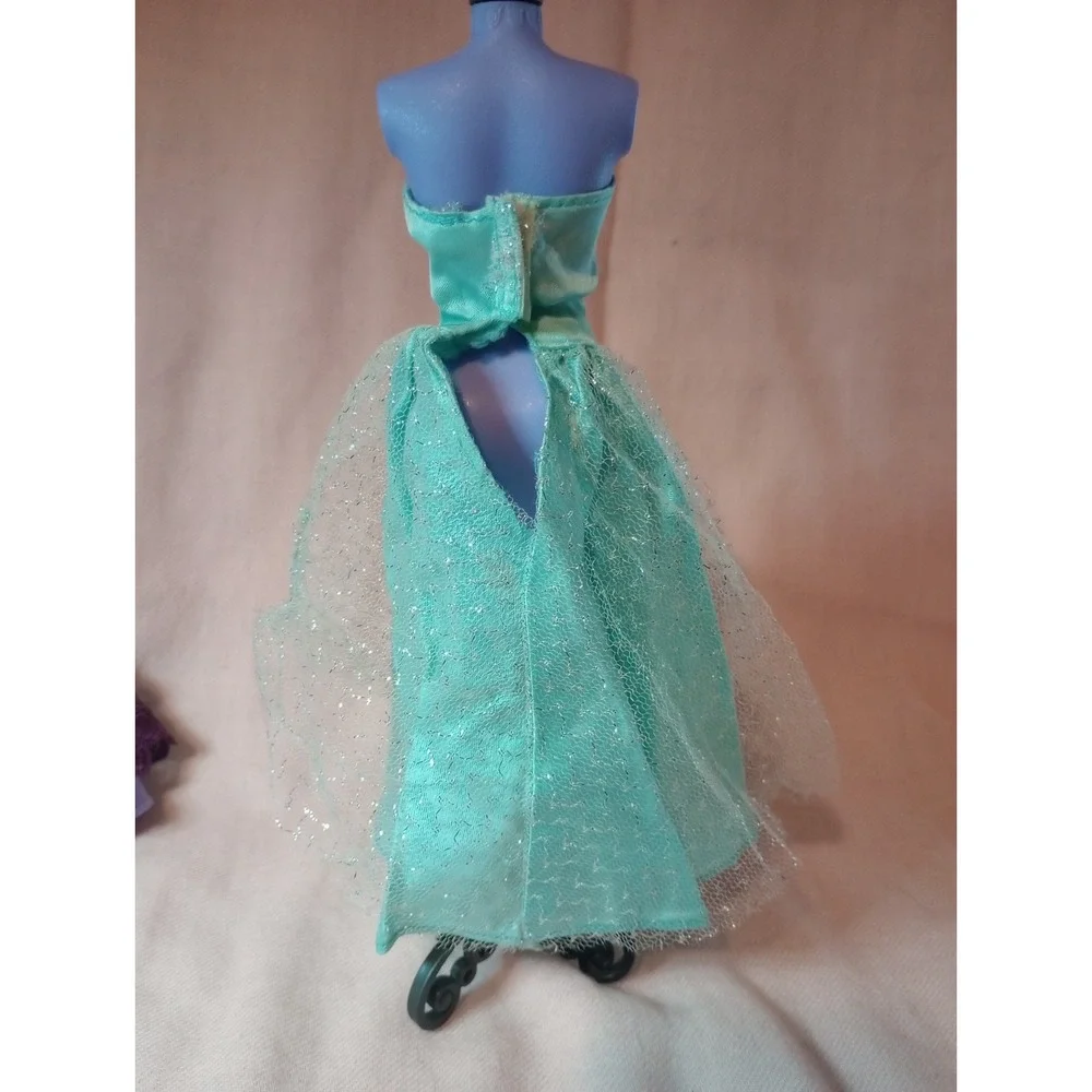 Barbie Doll Clothes Lot 2 Formal Gowns Purple Lace Aqua Glitter Dress Shoes
